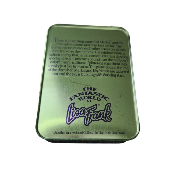 Lisa Frank Vintage Tin Markie Playing With Rainbow Unicorn Empty Collector's Tin - Picture 2 of 4